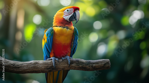 Colorful macaw perched on a branch in a lush tropical setting during late afternoon sunlight photo