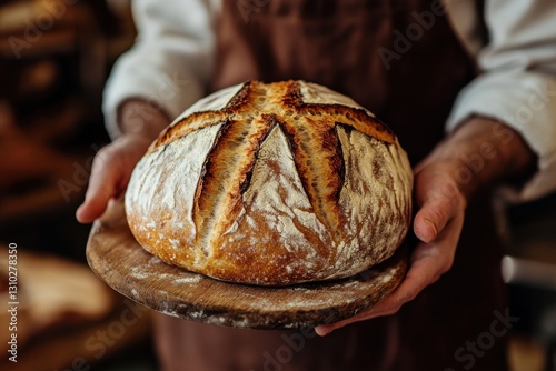Freshly baked bread with a crispy crust held on a tray in a bakery. Generated AI