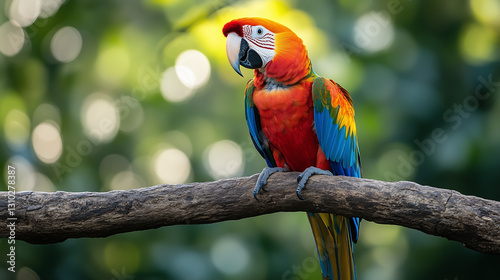 Colorful macaw perched on a branch in a lush green environment showcasing vibrant feathers during daylight