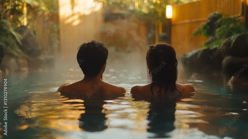 Relaxing experience in a serene hot spring surrounded by lush greenery during a tranquil evening Relaxing experience in a serene hot spring surrounded by lush greenery during a tranquil evening