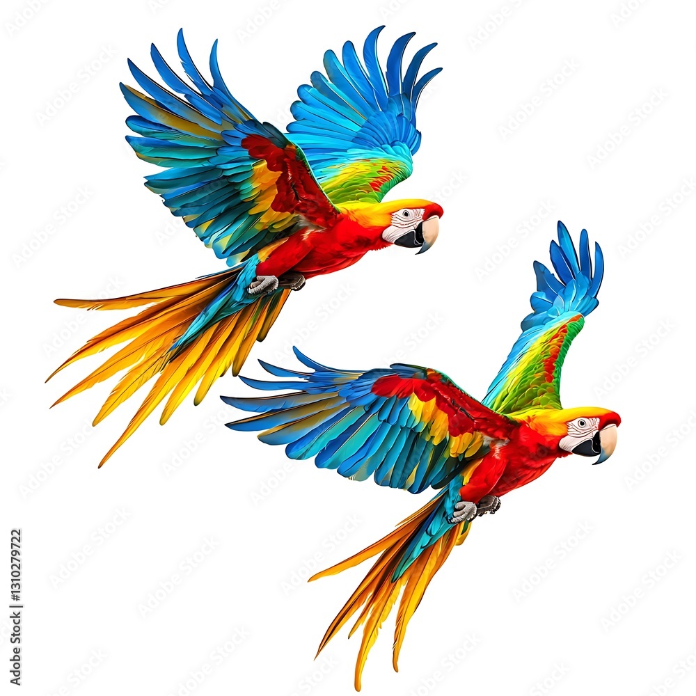 Obraz premium Flying macaw parrots, captured mid-flight with vibrant feathers The parrots are isolated on white background