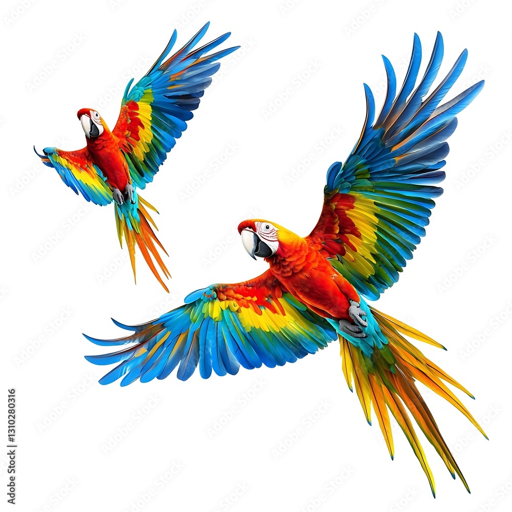 Fototapeta premium Flying macaw parrots, captured mid-flight with vibrant feathers The parrots are isolated on white background