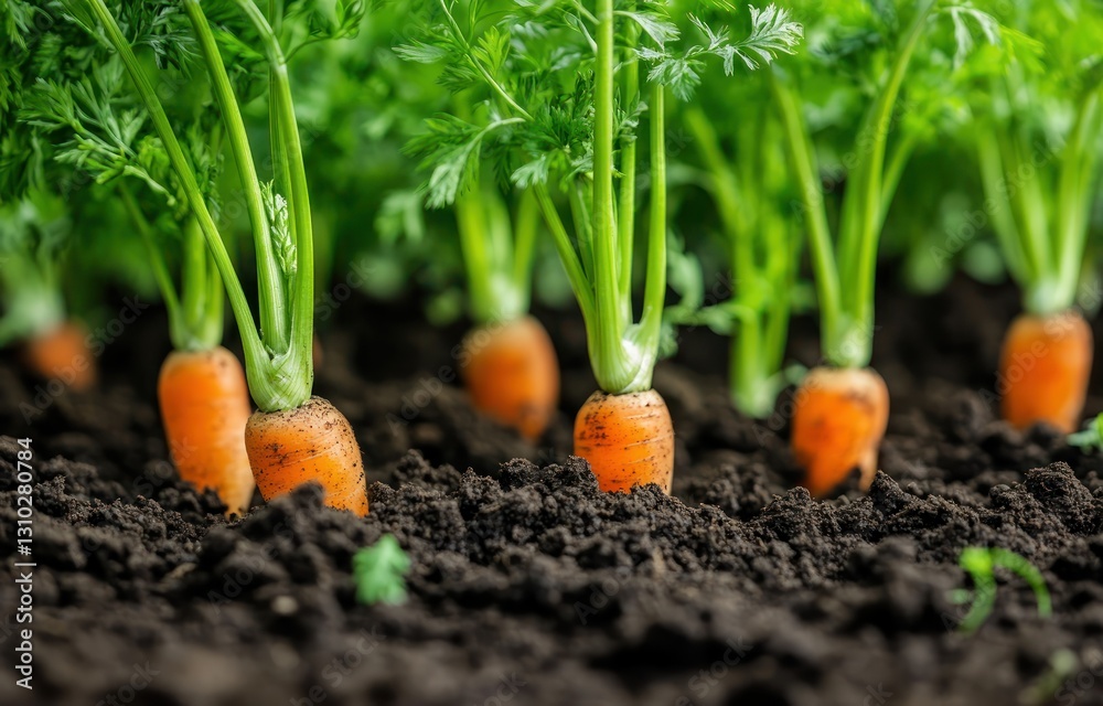 Freshly grown carrots in a garden bed, close-up Freshly grown carrots in a garden bed, close-up