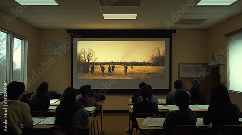 Students in a dimly lit classroom attentively watch a historical film projected on a large screen, surrounded by educational materials