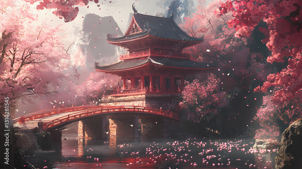 Fototapeta premium Asian temple surrounded by cherry blossoms, with floating petals adding a poetic touch. Poetic - Bridge. Illustration