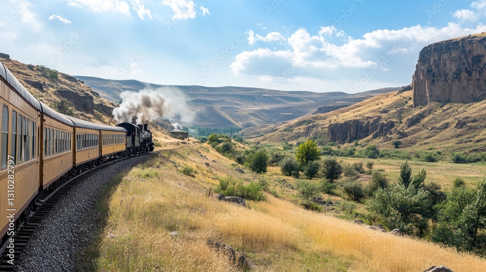 A steam train travels through a scenic valley with hills and clouds