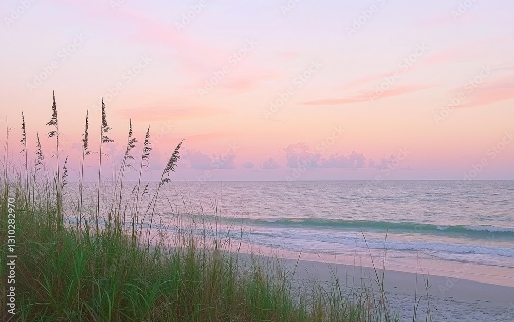 Serene beach landscape at twilight with gentle waves and tall grass swaying in the breeze Serene beach landscape at twilight with gentle waves and tall grass swaying in the breeze