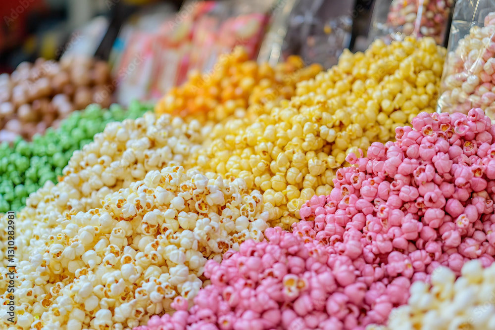 Fototapeta premium Collection of Popcorn Delights Cinema Snacks, Caramel Treats, and Floating Kernels, Generative AI