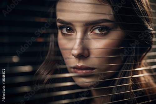 Abstract woman portrait with glass texture. Glitched and corrupted female face. Beautiful girl. Model hidden behind mirror pattern. Colored Reeded Glass. Ribbed Background.