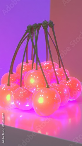 Glowing cherries with neon pink and yellow hues, arranged in a cluster with green stems, create a surreal and vibrant scene