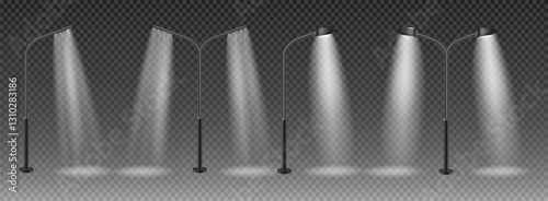 3d vector Modern and vintage city street lights row working at night. Urban electrical lightning system. Glowing retro lampposts