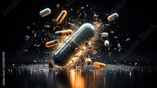 A golden capsule shatters dramatically, scattering fragments and smaller pills against a dark background