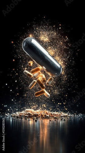 A golden capsule shatters dramatically, scattering fragments and smaller pills against a dark background