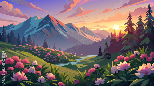 Photography Rhododendron flowers covered mountains meadow in summer time
