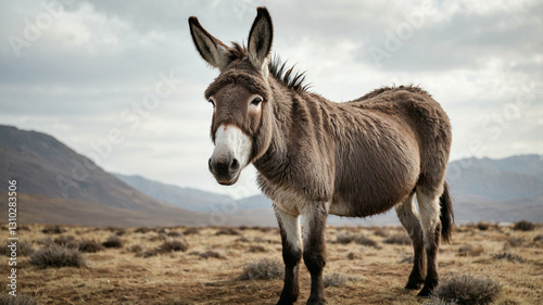 A donkey with shaggy grey fur and large ears, standing on white background. photo