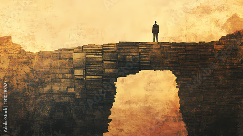 Minimalism, textured texture, a man standing on a cliff built from books, ancient poetic imagery. Poetic - Bridge. Illustration