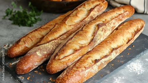 Golden Brown Crusty Baguettes Artisan Bread Bakery Freshly Baked French Bread Loaf Food Photography Delicious Pastry Wheat oven meal cafe soft lunch  