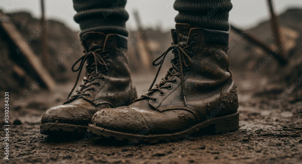 Muddy leather work boots on construction site. Durable footwear for labor day. Rugged brown shoes for industrial worker, farmer or logger. Outdoor safety equipment. Muddy leather work boots on construction site. Durable footwear for labor day. Rugged brown shoes for industrial worker, farmer or logger. Outdoor safety equipment.