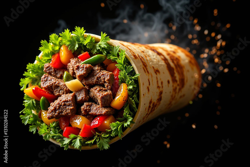 Fresh Grilled Beef and Chicken Shawarma Doner Sandwich Flying Isolated on Black Background
 photo