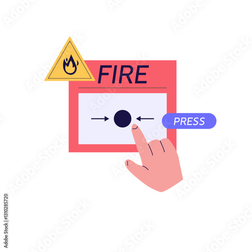 Fire safety control vector illustration. Firefighter inspector checking firefighter equipment, fire extinguisher box, alarm system. Concept of fire fighter inspection checklist, alarm system button