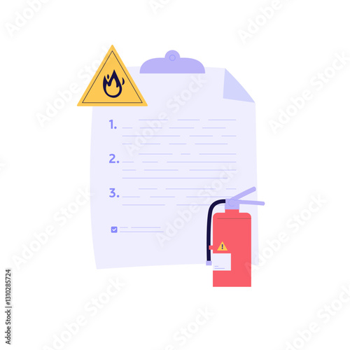 Fire safety control vector illustration. Firefighter inspector checking firefighter equipment, fire extinguisher box, alarm system. Concept of fire fighter inspection checklist, alarm system button