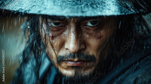 Samurai battling in heavy rain: a lone warrior's sorrowful struggle in ancient japan concept of warrior fitness and ancient weaponry