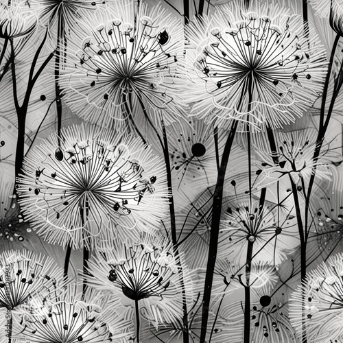 Dandelion pappus seedpod black and white graphical botanical drawing monochrome seamless repeating pattern