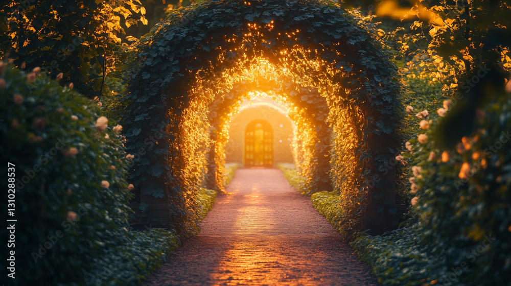 Fototapeta premium Enchanting garden pathway illuminated by warm sunlight creates a magical atmosphere for peaceful strolls and reflection among lush greenery and blooming flowers