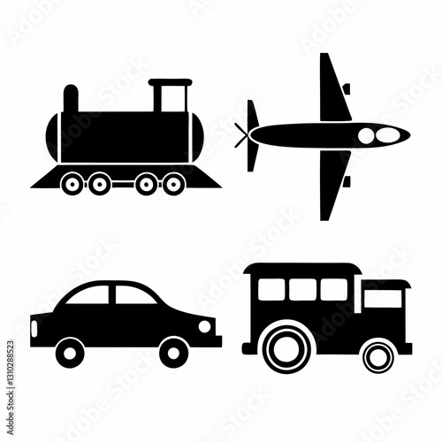Four modes of transportation vector design train, an airplane, a car, and a truck