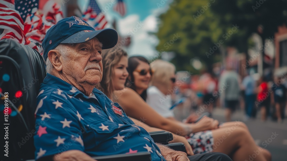 Obraz premium Veteran in wheelchair at Fourth of July parade supported by family