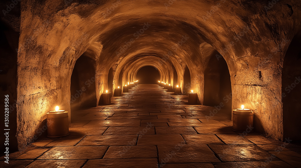 Fototapeta premium Mysterious underground corridor illuminated by candles in a historic stone structure at dusk