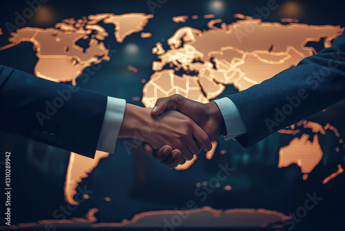 two businessmen handshake after good deal in front of world map, copy space photo