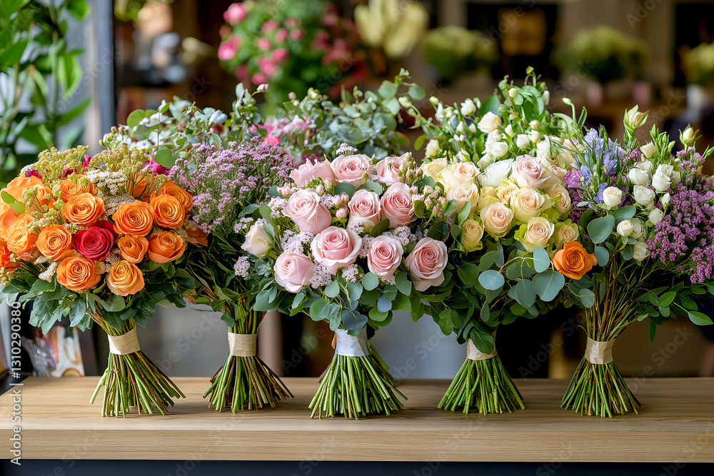 Fototapeta premium Colorful flower bouquets displayed on a wooden counter in flower shop during, bright sunny day. Various flower bouquets in vibrant colors in floral shop for birthday, wedding, mother's day