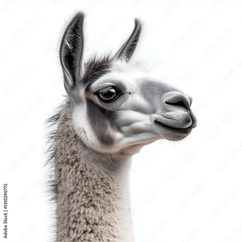 Obraz premium Llama Close-Up Portrait: Quirky Smiling Creature | Cute Domesticated Livestock Animal with Colorful Fur on White Background - Perfect for Animal Photography & Lovers