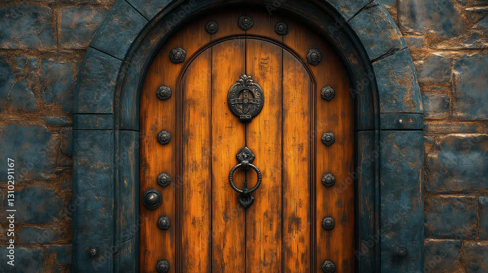 Intricately designed wooden door with decorative hardware set against a stone wall in an ancient-style building Intricately designed wooden door with decorative hardware set against a stone wall in an ancient-style building