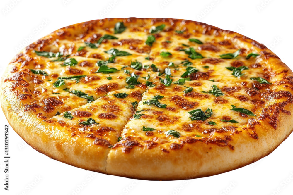 Freshly baked pizza topped with melted cheese and basil in a cozy kitchen setting Freshly baked pizza topped with melted cheese and basil in a cozy kitchen setting