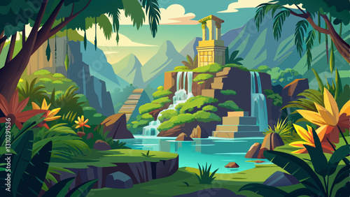 lush jungle landscape with ancient ruins and a waterfall