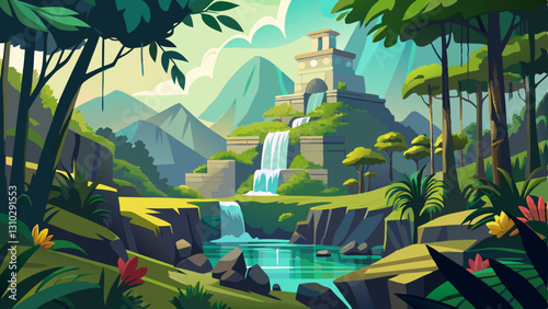 lush jungle landscape with ancient ruins and a waterfall