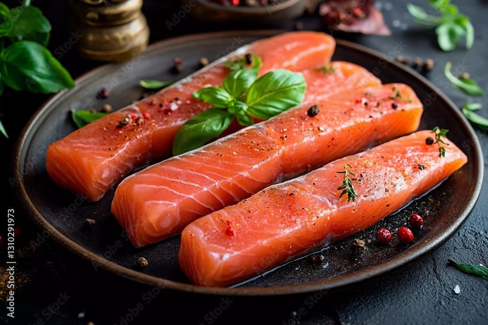 Three vibrant salmon fillets are arranged on a rustic plate, adorned with fresh herbs and spices, ready to be cooked for a delicious meal Three vibrant salmon fillets are arranged on a rustic plate, adorned with fresh herbs and spices, ready to be cooked for a delicious meal