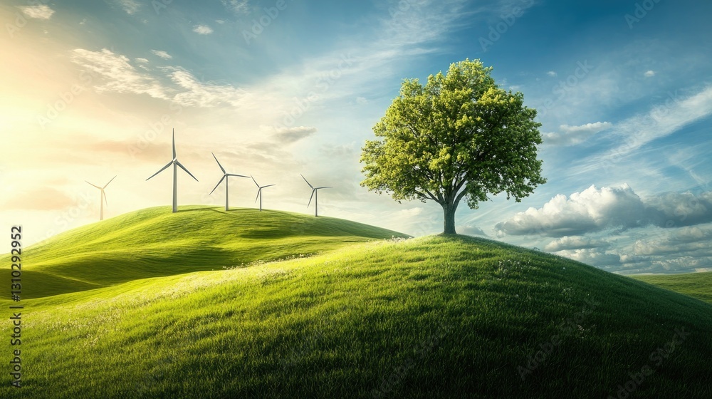Obraz premium Serene Green Hills with Wind Turbines and a Solitary Tree