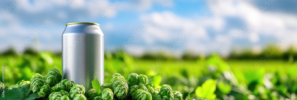 Silver beer mug among green hops Silver beer mug among green hops