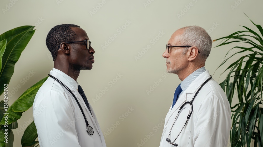 Two doctors in profile view, facing each other.