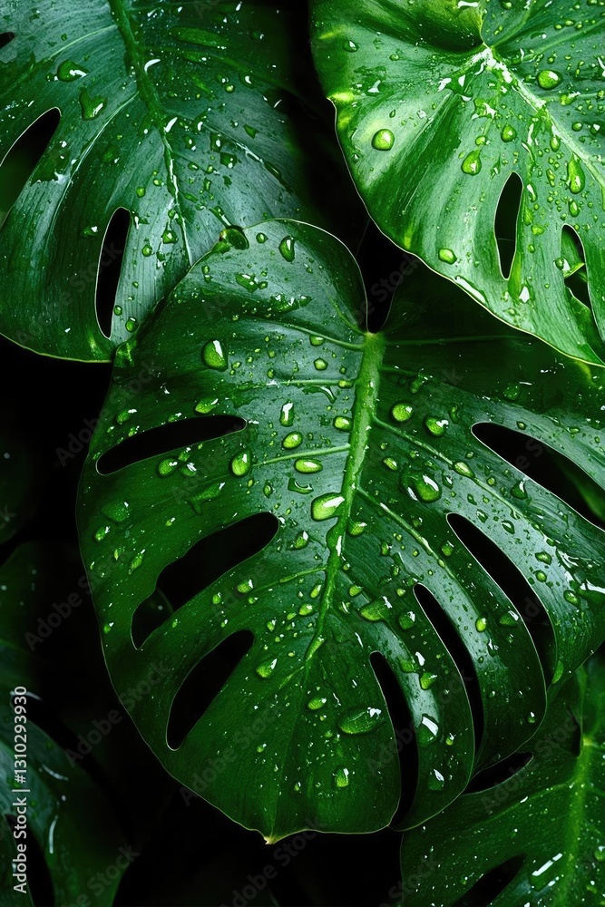 Fototapeta premium Lush green monstera leaves glistening with water droplets against a dark background