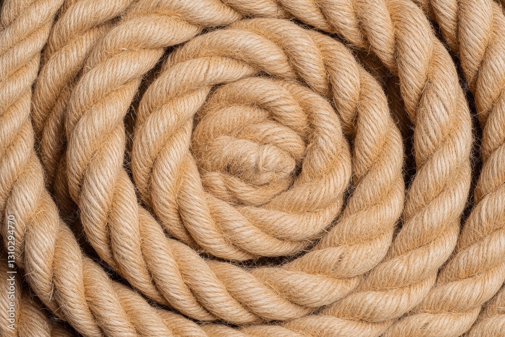 A coiled rope arranged in a spiral, showcasing its textured fibers and natural beige color. A coiled rope arranged in a spiral, showcasing its textured fibers and natural beige color.