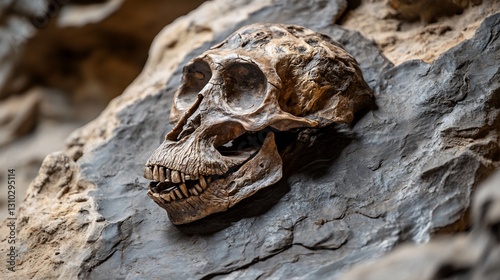 Ancient hominid skull displayed on rock