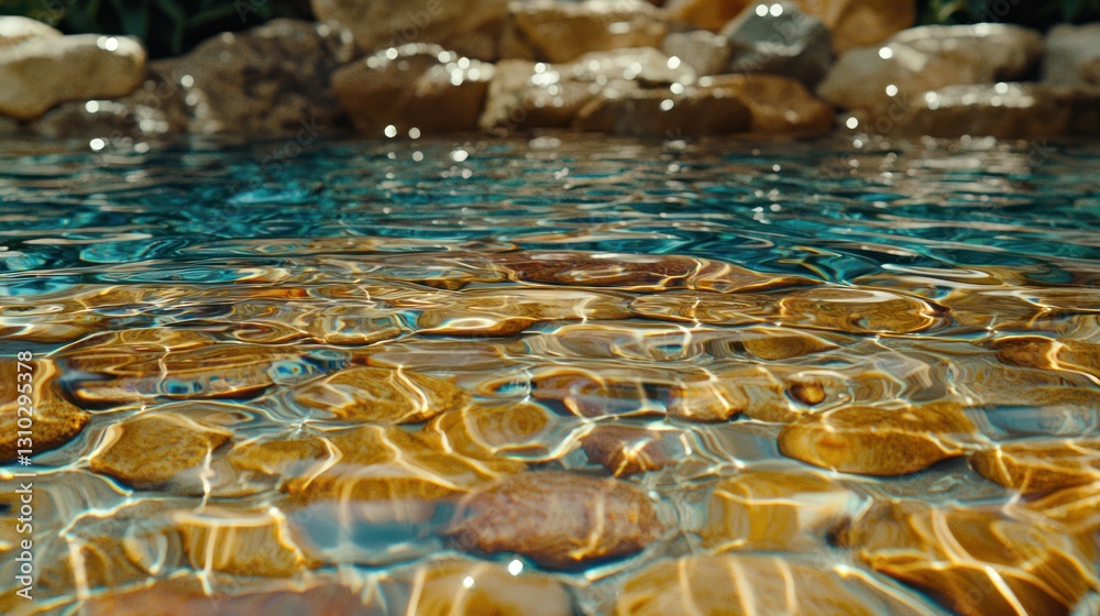 Obraz premium Clear water reflecting sunlight over smooth pebbles in a tranquil setting