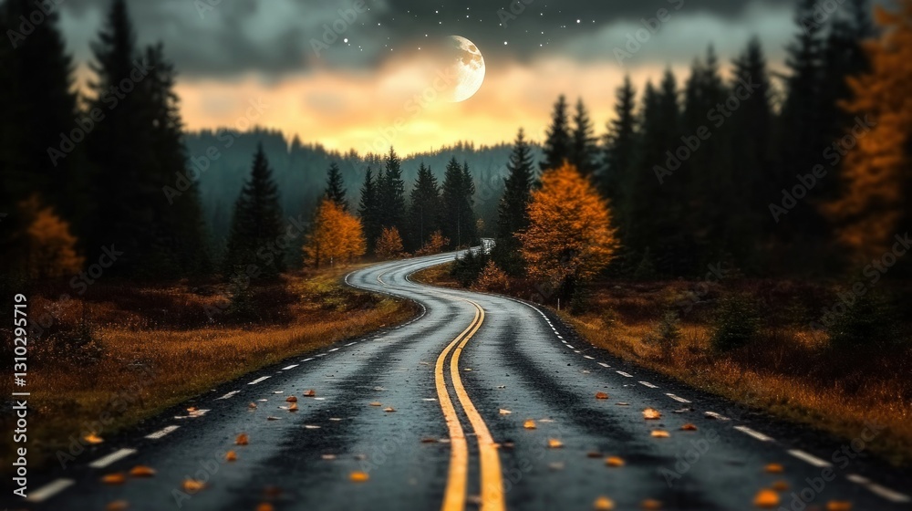 Winding road through autumn forest at night