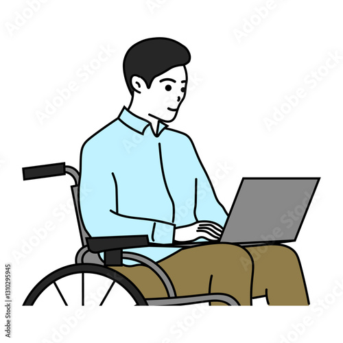 車いすに座ってパソコンを触る若い男性のイラスト