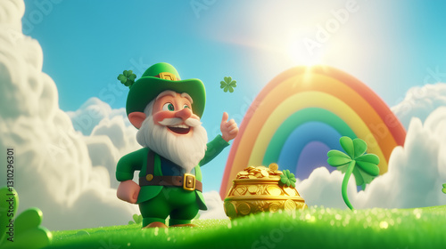 3D Cartoon Leprechaun with Pot of Gold and Rainbow