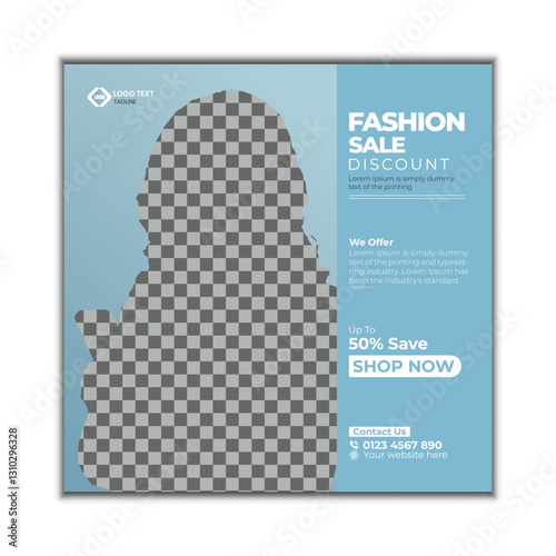 Editable minimal square banner template for fashion sale. Blue and white geometric background for social media posts, web ads, and mobile stories. Creative and minimalist promotion design.